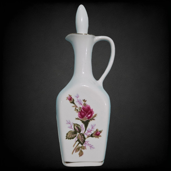 1950s Vintage Porcelain Decanter Floral Gold Trim Cork Stopper Mid-Century Cruet - Picture 1 of 16